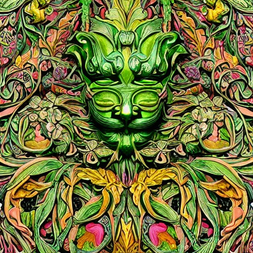 Image similar to beautiful colourful highly detailed incredibly ornate decorative green man as a cat face 3 d sculplture by walter crane and william morris, closeup, twisting leaves, tiny fine flowing lines, abstract psychedelic, 8 k, artstation