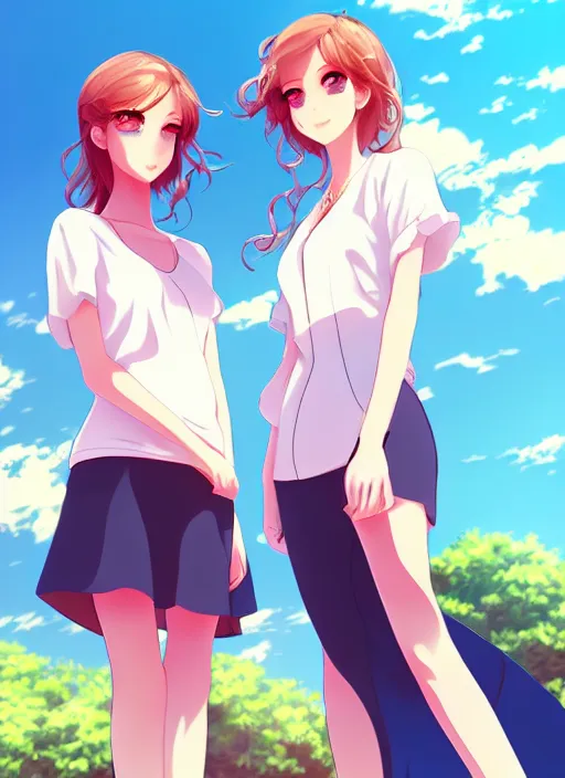 Image similar to two beautiful women under a blue sky, casual summer clothes, gorgeous faces, thick lines, cinematic lighting, detailed anime art