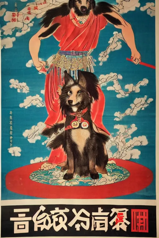 Image similar to chinese propaganda poster with dog as a god as the centerpiece, detailed face, gorgeous, amazing, flowing hair, very muscular male body