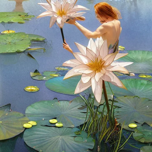 Image similar to Water Lillies in Paradise, Watercolor, photorealistic, high resolution, award winning, trending on artstation, intricate, elegant, highly detailed, digital painting, artstation, concept art, smooth, sharp focus, illustration, art by artgerm and greg rutkowski and alphonse mucha