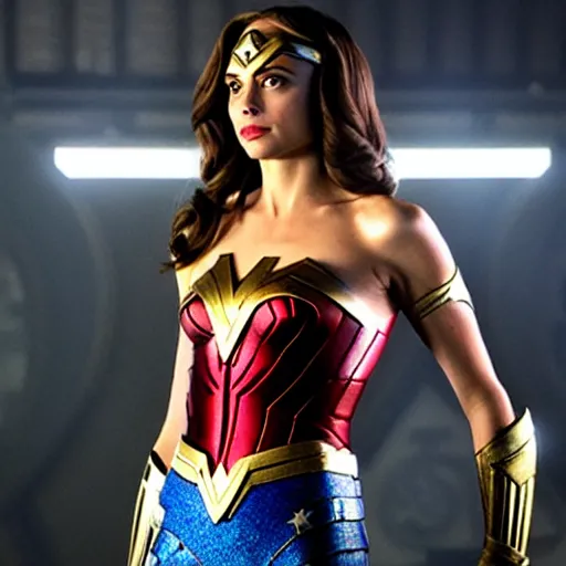 Image similar to film still of willa holland as an attractive wonder woman in the 2 0 1 7 film justice league, bleach - blonde - hair!!!!!!!!!!!!, focus - on - facial - details!!!!!!!!!!!!, minimal bodycon feminine costume, dramatic cinematic lighting, front - facing perspective, promotional art