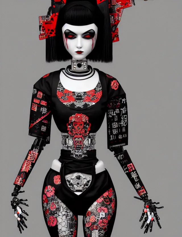 Image similar to full body portrait of a gothic style punk geisha robot with kanji tattoos and decals wearing a digital pixelated kimono, intricate design, photo - realistic, octane render, ultra fine detailed, character design, trending on artstation