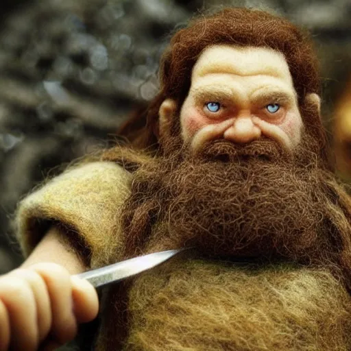 Prompt: needle felted gimli from the return of the king (2003), highly detailed, tilt shift, eerie!!!, hyperrealism, highly textured, god rays