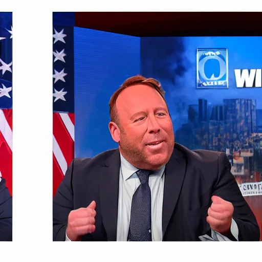 Image similar to Alex Jones transforms into an enormous pig on live television