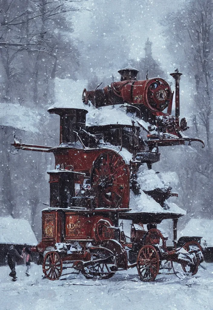 Image similar to Digital Art of a 1914 russian walking steam machine in the snow, Rozalski, trending on artstation