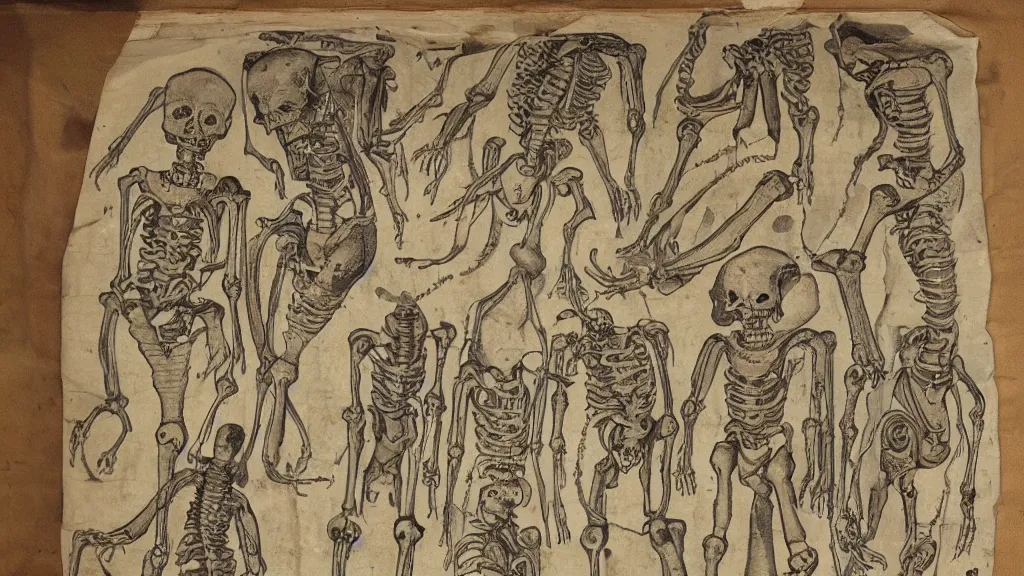 Prompt: 17th century scroll with illustrations of human bones!!! descriptions! written in an alien! language!, clean layout