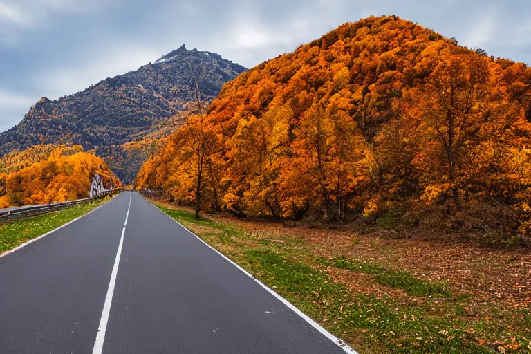 Image similar to a road with warehouses on either side, and an autumn mountain behind it with a radio tower on top. Lens compression, photography highly detailed