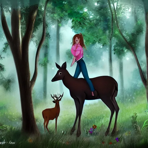 Prompt: girl riding a deer in the forest trending on art station