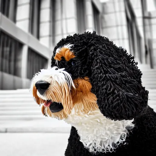 Image similar to a closeup photorealistic photograph of a cute smiling knitted bernedoodle judge dog dressed in a black gown, presiding over the courthouse. indoor image, professional capture, well lit shot. this 4 k hd image is trending on artstation, featured on behance, well - rendered, extra crisp, features intricate detail, epic composition and the style of unreal engine.