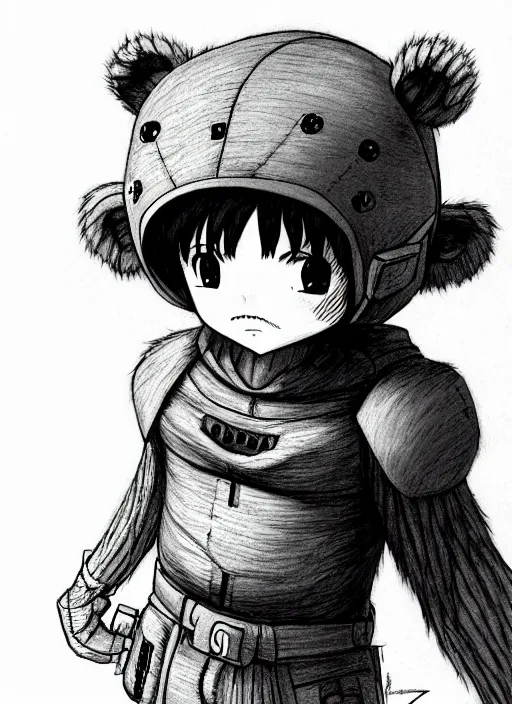 Image similar to beautiful little boy wearing an cyborg bear suit, artwork in kentaro miura and made in abyss and rosdraws, smooth, beautiful lightness, anatomically correct, trending on pixiv, forest