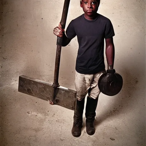 Image similar to a photo of a blacksmith kid holding big hammer by terry richardson