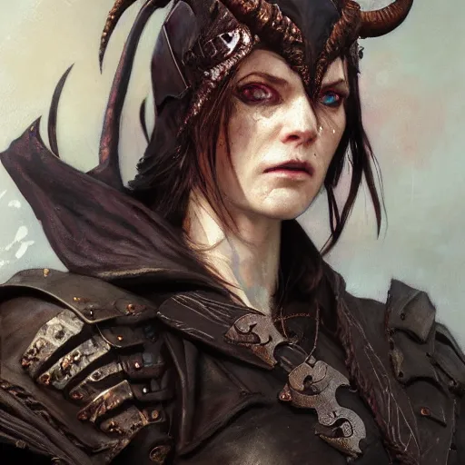 Image similar to closeup portrait of a surly and resentful female tiefling thief with grit and small horns clothed in leather armor and a cloak, angry expression, by Greg Rutkowski and John Collier and Krenz Cushart and Artem Demura and Alphonse Mucha and Albert Aublet, as seen on ArtStation, 4k, dungeons and dragons, very aesthetic, very detailed, intricate, unreal, fantasy, dramatic, painterly, artstation, sharp focus, smooth