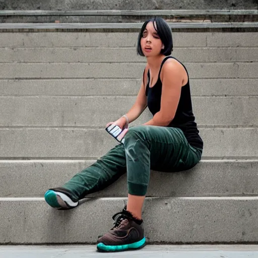 Image similar to female shark fursona sitting on concrete stairs, wearing a tank top and cargo pants, looking forward, pointing forward