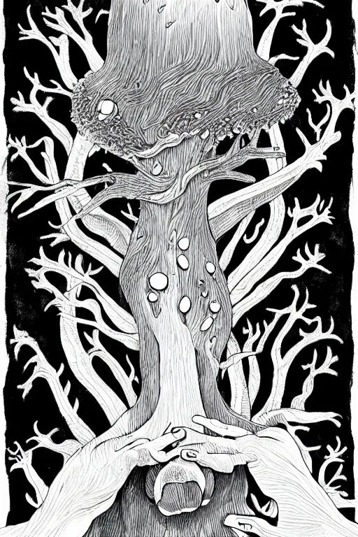 Prompt: black and white illustration, creative design, body horror, forest mushroom man