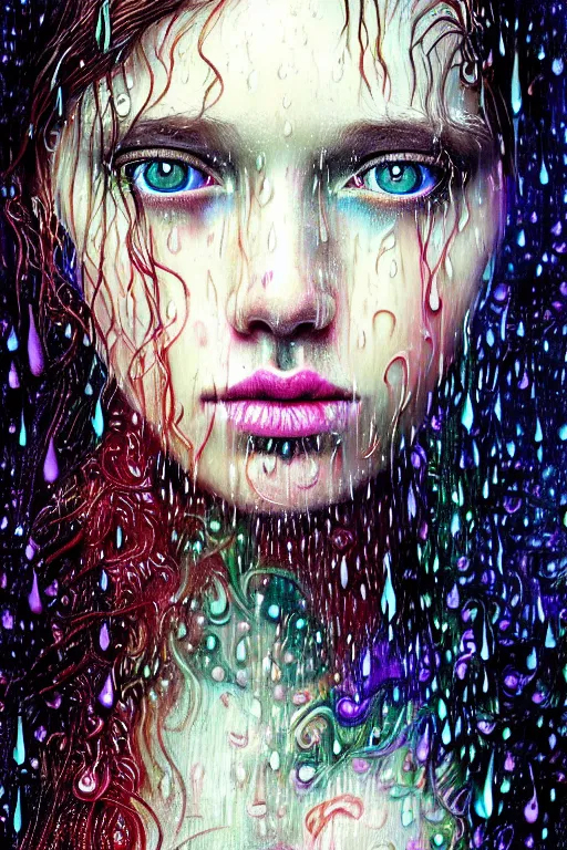 Image similar to portrait of a girl upside down psychedelic LSD rain with wet hair and face, fantasy, intricate, elegant, dramatic lighting, emotionally evoking symbolic metaphor, highly detailed, lifelike, photorealistic, digital painting, artstation, concept art, smooth, sharp focus, illustration, art by John Collier and Albert Aublet and Krenz Cushart and Artem Demura and Alphonse Mucha