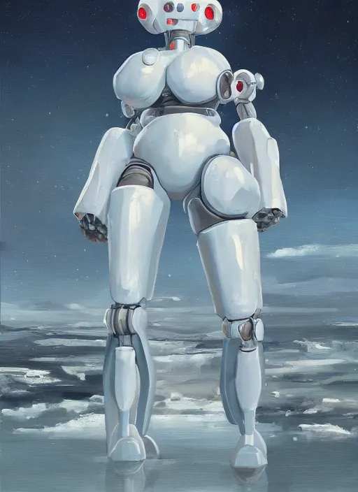 Prompt: a sensual oil painting of a giant pristine white humanoid feminine figure mecha with rounded components by simon stalenhag, inspired by nier automata, clean white lab background