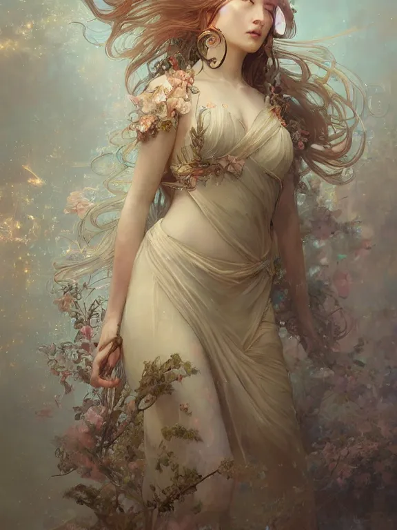 Prompt: Ruan Jia, Full view Ethereal Floralpunk elysian Maiden of radiant light wearing ivory dress made of stardust masterpiece 4k digital illustration, Mandy Jurgens, award winning, Artstation, art nouveau aesthetic, Alphonse Mucha background, intricate details, realistic, panoramic view, Hyperdetailed