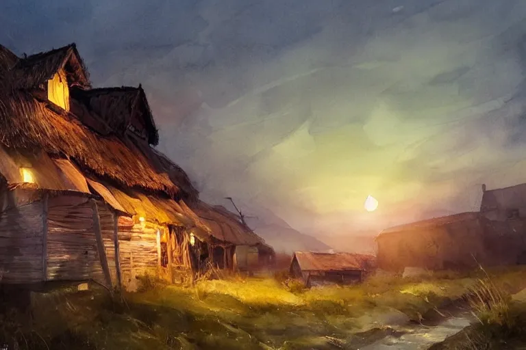 Prompt: paint brush strokes, abstract watercolor painting of rustic village at dusk, straw roof, viking town, lantern, ambient lighting, art by hans dahl, by jesper ejsing, art by anders zorn, wonderful masterpiece by greg rutkowski, cinematic light, american romanticism by greg manchess, creation by tyler edlin