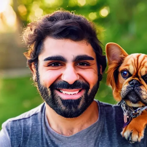 Image similar to half persian man, holding a dog