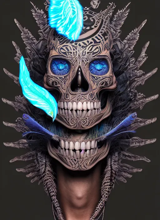 Image similar to 3 d shaman with tattoos profile portrait, sigma 5 0 0 mm f / 5. beautiful intricate highly detailed quetzalcoatl skull and feathers. bioluminescent, plasma, lava, ice, water, wind, creature, thunderstorm! artwork by tooth wu and wlop and beeple and greg rutkowski, 8 k trending on artstation,