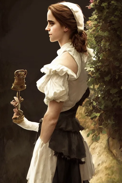 Image similar to A film still of emma watson in cosplay as a french maid, highly detailed, digital painting, artstation, concept art, sharp focus, illustration, cinematic lighting, art by artgerm and greg rutkowski and alphonse mucha diffuse lighting, fantasy, intricate, elegant, highly detailed, lifelike, photorealistic, digital painting, artstation, illustration, concept art, smooth, sharp focus, art by John Collier and Albert Aublet and Krenz Cushart and Artem Demura and Alphonse Mucha