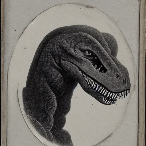 Prompt: a mid 1 8 th century, black and white photograph of a t - rex, portrait, highly detailed