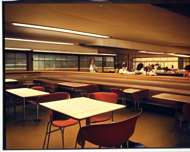 Prompt: interior shot of a cafeteria, dim lights, kodachrome