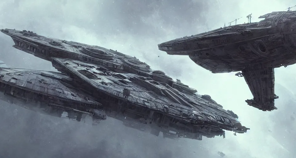 Image similar to a highly detailed epic cinematic concept art CG render digital painting artwork: symmetrical Soviet dieselpunk Millenium Falcon in empty darkness of space. By Greg Rutkowski, Ilya Kuvshinov, WLOP, Stanley Artgerm Lau, Ruan Jia and Fenghua Zhong, trending on ArtStation, subtle muted cinematic colors, made in Maya, Blender and Photoshop, octane render, excellent composition, cinematic atmosphere, dynamic dramatic cinematic lighting, precise correct anatomy, aesthetic, very inspirational, arthouse