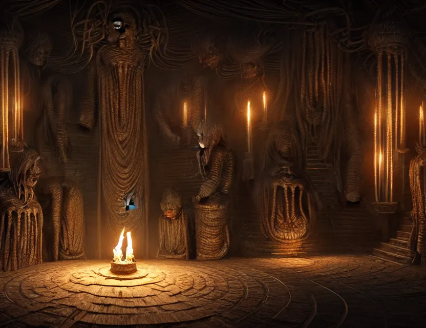 Image similar to a curly group of old sages burning candles, standing leagues taller than the villages below, intricate, ultra detailed, unreal engine, hr giger style, wide - angle lens, sharp focus, illustration, 8 k