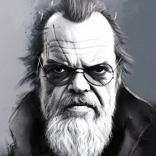 Image similar to portrait of Jack Nicholson with a long gray beard as Gandolf the Gray, dramatic lighting, illustration by Greg rutkowski, yoji shinkawa, 4k, digital art, concept art, trending on artstation