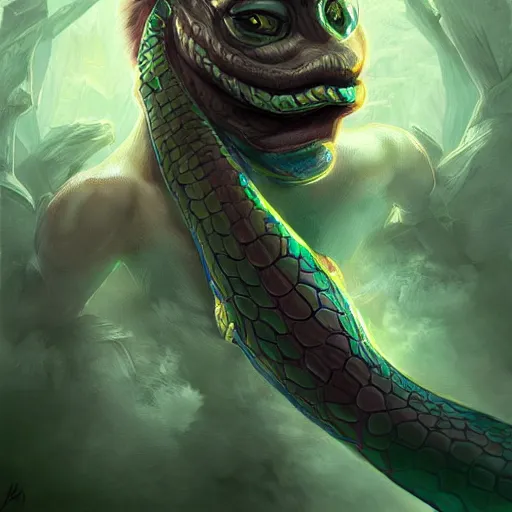 Image similar to snake-face lady, snake-face lady, snake-face lady, fangs, snake mouth, epic fantasy digital art, fantasy style art, fantasy hearthstone art style