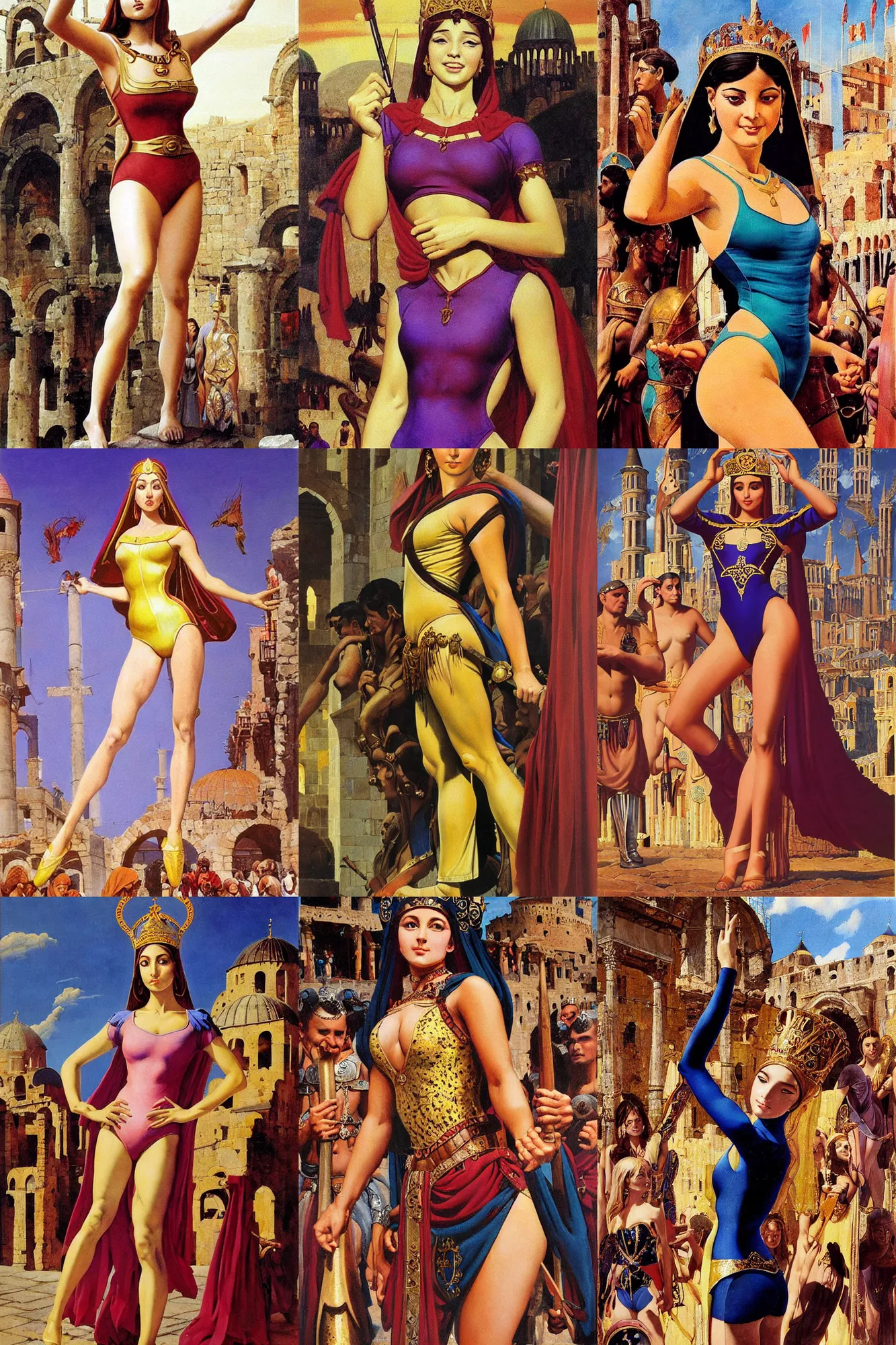 Prompt: Worksafe, fully clothed. Painting of young, gentle and cute woman who is byzantinian princess, posing in leotard and tiara, at medieval Constantinople with orthodoxy aesthetics, by Frank Frazetta, Boris Vallejo, Larry Elmore, Julie Bell, Keith Parkinson, Salvador Dali, Hajime Sorayama, Ayami Kojima and lyde Caldwell, trending on ArtStation.