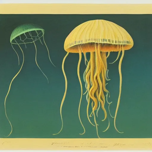 Image similar to a stinging jellyfish, by grant wood