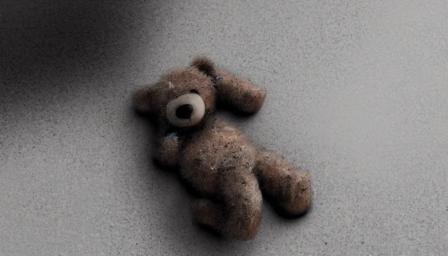 Image similar to teddy bear on a dusty floor covered by cobwebs, dark background, hyperdetailed, artstation, cgsociety, 8 k