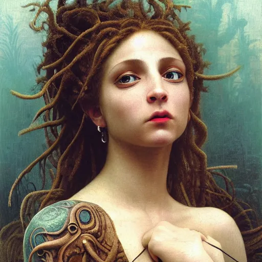 Image similar to intricate detail, hyper detail, drunk woman, very tired, wearing full body mans suite, hazel green eyes, teal eyebrows, with aqua neon rapunzel dreadlocks, detailed, by h. r. giger and bouguereau, masterpiece, sharp focus,