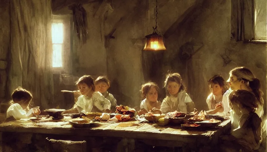 Image similar to simple villager and children about to eat a meal together, art by anders zorn, wonderful masterpiece by greg rutkowski, beautiful cinematic light, american romanticism thomas lawrence, greg rutkowski