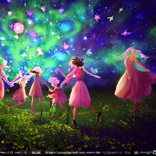 Image similar to fairies meeting in enchanted forest, starry night, art station inspired, octane render, 8 k, - hd