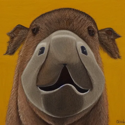 Image similar to abstract art of a well dressed capybara, profile view, wearing a suit laughing showing big teeth, in the style of tracie grimwood