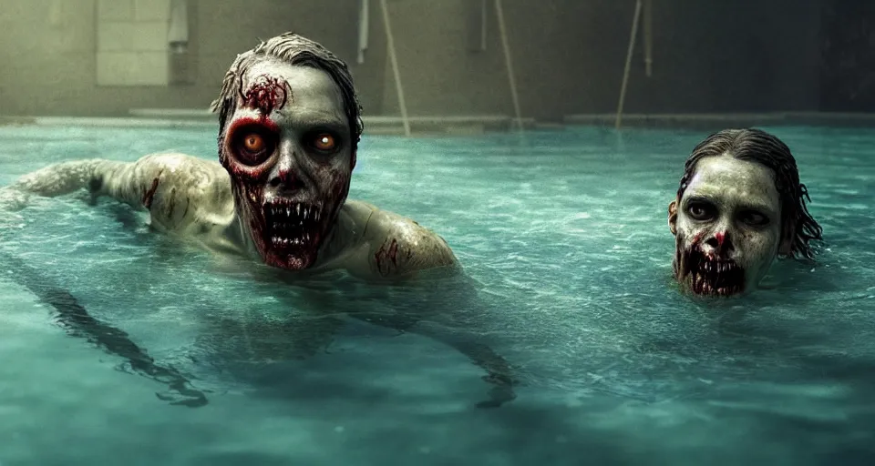 Image similar to highly detailed full body portrait of a zombie swimming underwater in a zombie - apocalypse, in a swimming pool, by greg rutkowski, octane render
