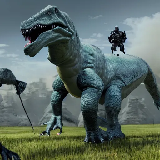 Image similar to futuristic soldiers fighting a dinosaur in garry's mod, in game screenshot