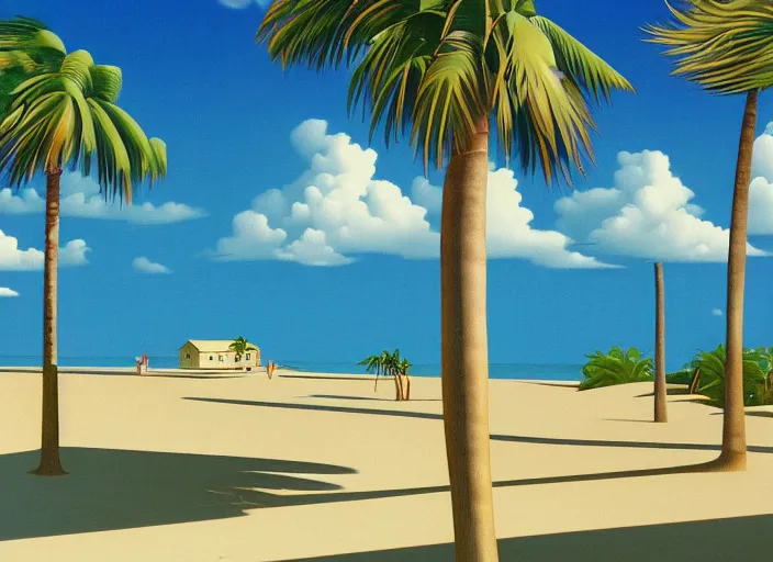Prompt: houses near the beach, palm trees, vaporwave, kenton nelson,