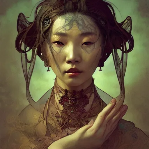 Prompt: A portrait of An ancient Chinese witch by Ross Tran! and alphonse mucha and greg rutkowski! and gustav doré! and Zdzisław Beksiński! and Ruoxin Zhang!!!,In style of digital art illustration.Symmetry.Highly detailed face.Fantasy,smooth,hyper detailed,sharp focus,Soft light.trending on artstation.