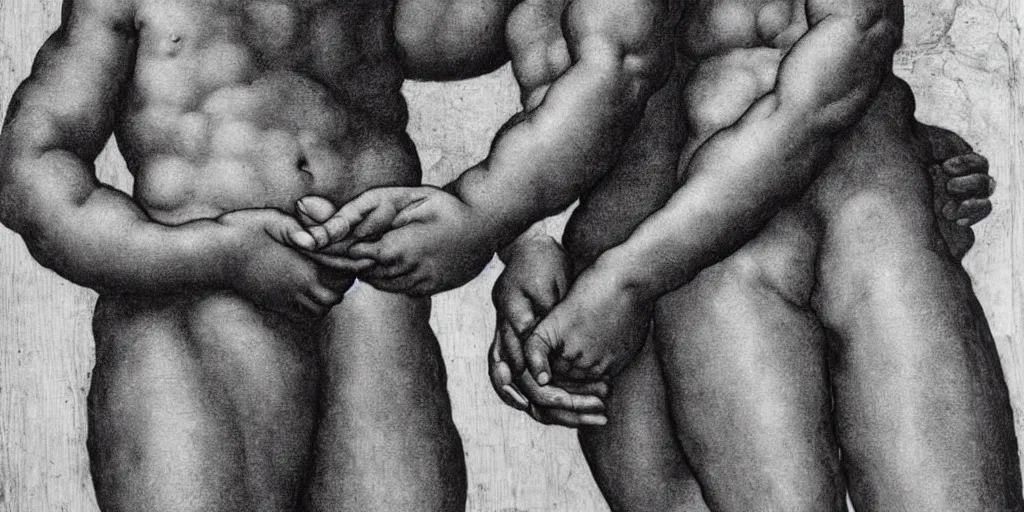 Prompt: Michelangelo painting of an African man holding hands with an Italian man