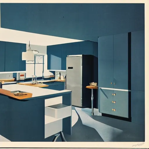 Prompt: photograph of a midcentury modern kitchen, blue and white colors, perfect, magazine image, highly detailed, 3 5 mm