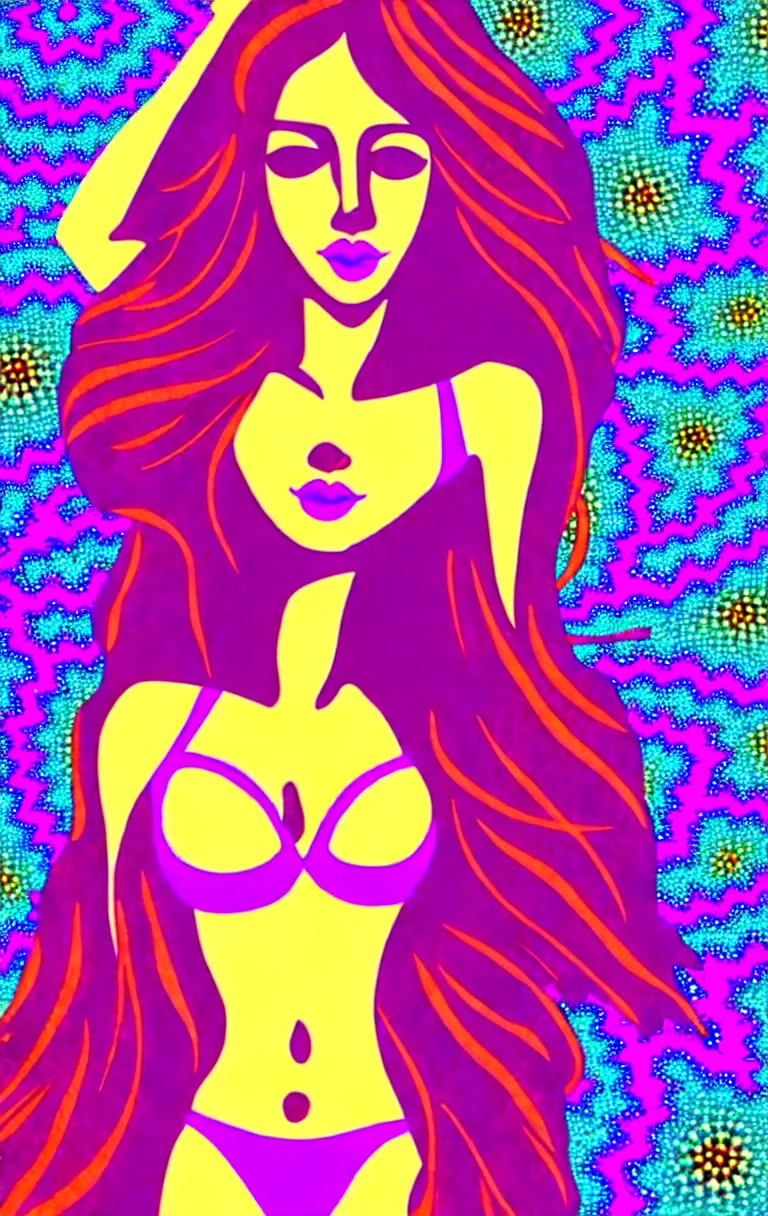 Image similar to beautiful hippie girl illustration, closeup in bikini over psychedelic sacred geometry hallucination