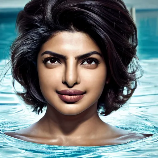 Prompt: beautiful centered Fine art photo portrait of Priyanka Chopra as a solarpunk robotic humanoid treading on water, white mechanical parts with led lights, photorealistic, white background, highly detailed and intricate, sun lighting, HDR 8k