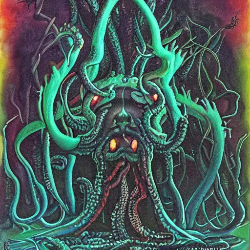 Prompt: the black goat of the woods with a thousand young. lovecraft shub - niggurath cthulhu oil painting predominantly black contrasts