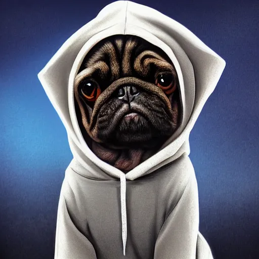 Image similar to a sad pug wearing a hoodie, the word'sad'is written on the hoodie in upper case letters, digital art, synthwave style, trending on artstation, matte painting