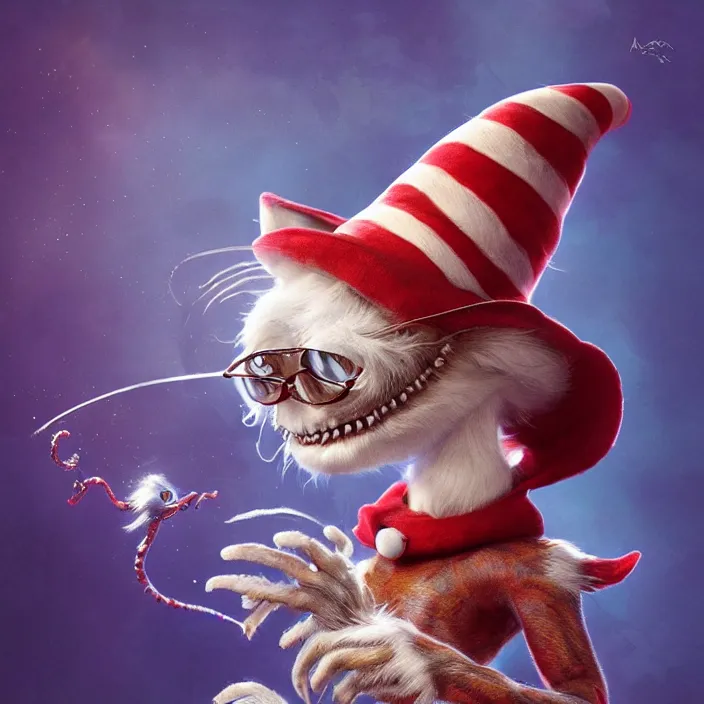 Image similar to complex 3 d render, hyper detailed, ultra sharp, alien cat in the hat, scary, cute, cinematic, head and shoulders, steampunk, natural soft light, rim light, octane render, artstation, art by artgerm and greg rutkowski and alberto seveso, dr seuss