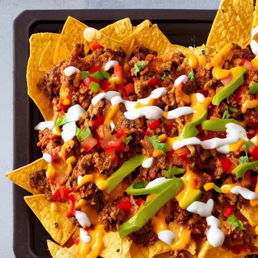 Prompt: spicy nachos with cheeseburger
